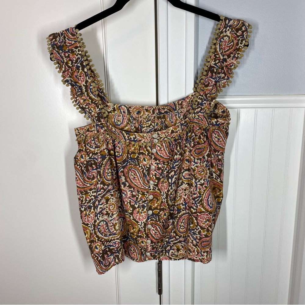 Floral Paisley Ruffle Strap Tank Top - Brown Multi - Picture 6 of 11